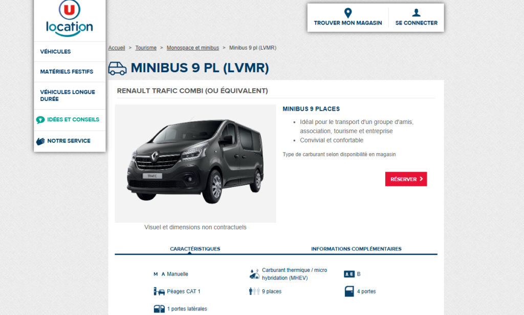 Prix location minibus 9 places Super U